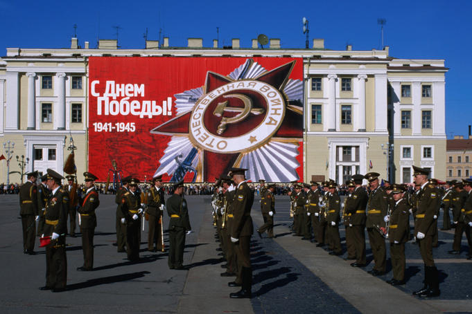 War veterans celebrate Victory Day (9th May) on Palace Square in St Petersburg.