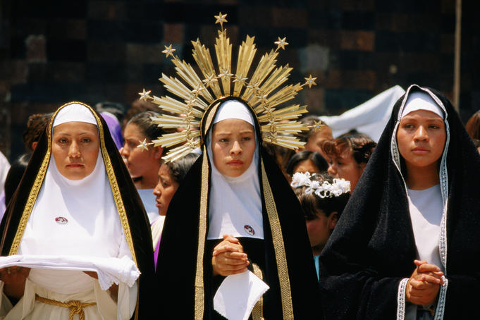 Actresses portraying Virgin Mary and other characters in historic costume at annual Passion Play, Ixtapalapa.