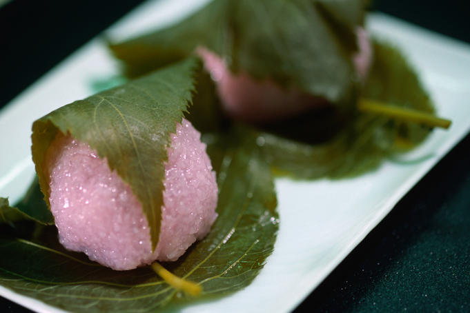 Sakuramochi, a cherry sweet, covered with a cherry blossom leaf- Nishiki-koji leaf, Kyoto, Japan