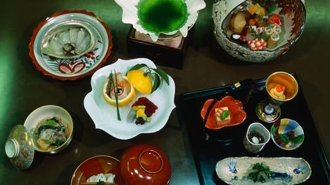 Kaiseki, a stylised banquet which arose from the tea ceremony. Specially chosen bowls and dishes ensure that eating Kaiseki is also a visual banquet- Nadaman restaurant, Tokyo, Japan