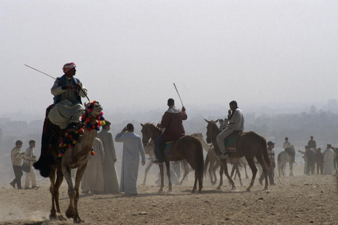 Camel drivers on a windy day at the Pyramids.