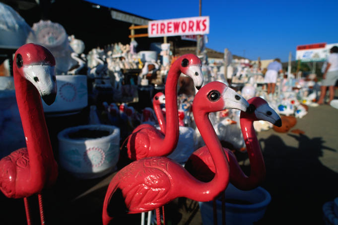 Plastic pink flamingoes for sale in Tijuana.