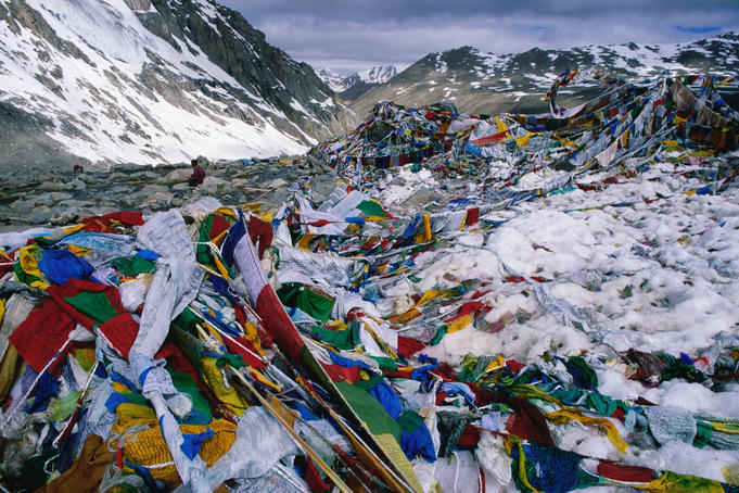 Prayer flags at Dolma La pass, on the circuit around the base of Mt Kailash, Ngari region.