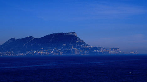 The Rock of Gibraltar, viewed from the Strait of Gibraltar.