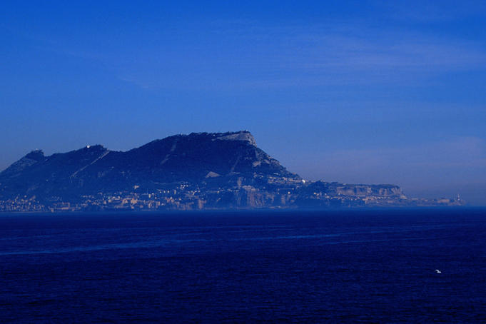 The Rock of Gibraltar, viewed from the Strait of Gibraltar.