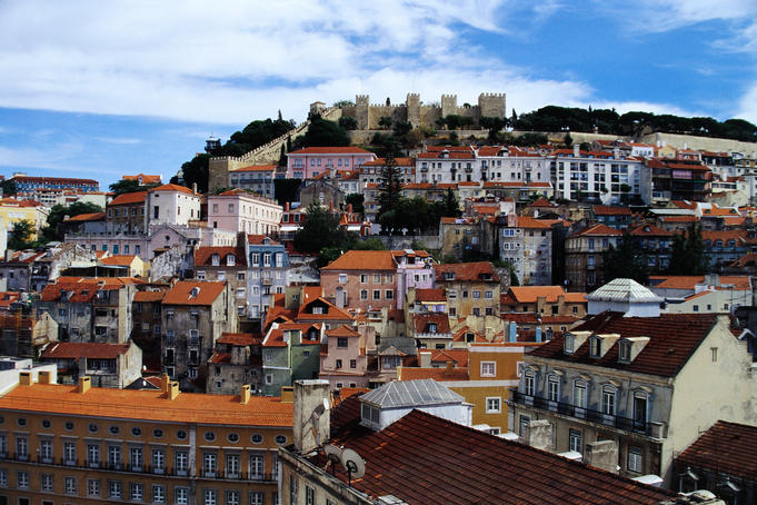 Castelo de Sao Jorge (originally called Lisbon Castle) perched high over the city of Lisbon.