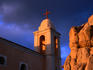 Tower of church of Notre Dame de la Serra at sunrise.