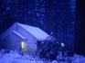A yellow light from a snowbound cabin penetrates the frosty blue gloom of the forest at Yosemite.