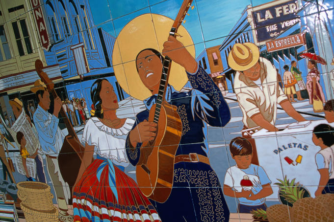 Close up of the wall mural 'La Feria' by Jesse Trevino, in the market square, San Antonio.