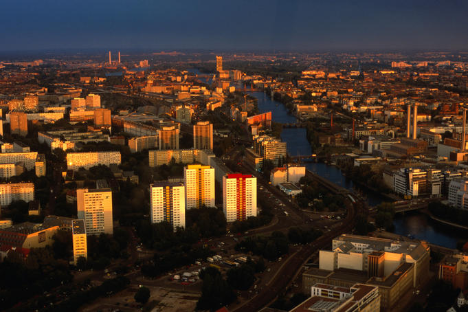 Sunrise over the Spree Canal: a view from the Berliner Fernsehturm, also known as the TV Tower, at Alexanderplatz.
