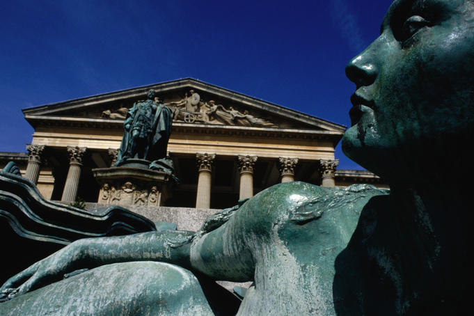 Detail from the bronze statue of Edward VII (by Henry Poole) in front of the Victoria Rooms (by Charles Dyer 1838-41) in Bristol.