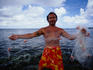 Samoan fisherman with net at Funafuti Atoll.