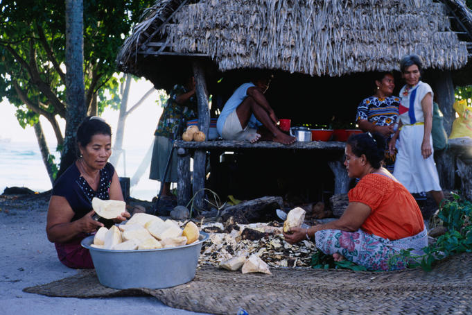 Nui Atoll, May 2000. Fenua Tapu islet. Aloloima Sipane peels taro for feasting in the falekaupule.
