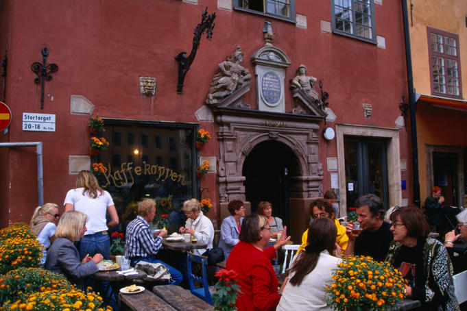 Oblique view of the facade and entrance to the 'Kaffekoppen' cafe in the Stortorget square in Gamla Stan, the Old Town, Stockholm.