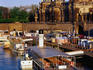 Barges and ferries moored at Bruhische Terrase on the famous Elbe River.
