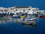 Boats moored in the harbour of Mykonos Island.