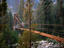 A hiker crosses a wooden suspension bridge over Woods Creek - Sierra Nevada.