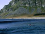 A surfer paddles out off the coast of Undstad in Lofoten.
