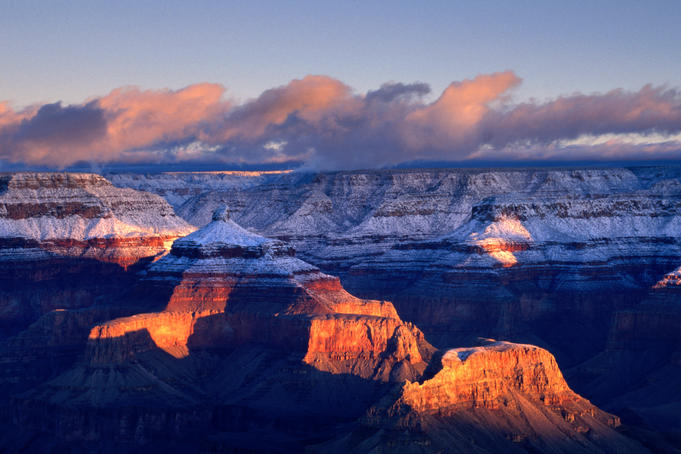 Snow frosted canyon tops.