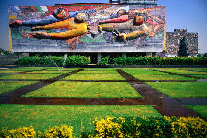 3D mosaic by Siqueiros sitting above a lawn at Universidad Nacional Autonoma de Mexico (UNAM), the largest university in Latin America.