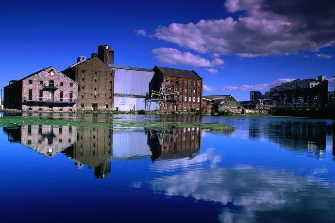 Warehouses reflected in the waters at Grand Canal Docks.
