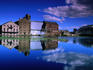 Warehouses reflected in the waters at Grand Canal Docks.