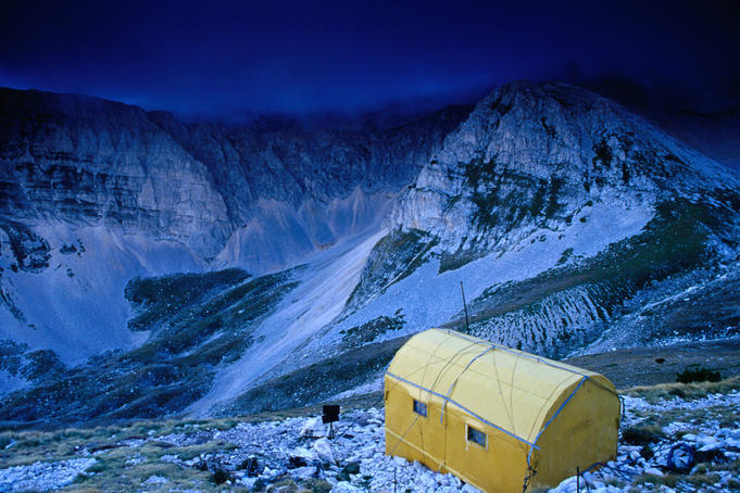 The Fusco bivouac (2455m), providing accomodation and shelter on hiking and climbing trails through the Maiella National Park.
