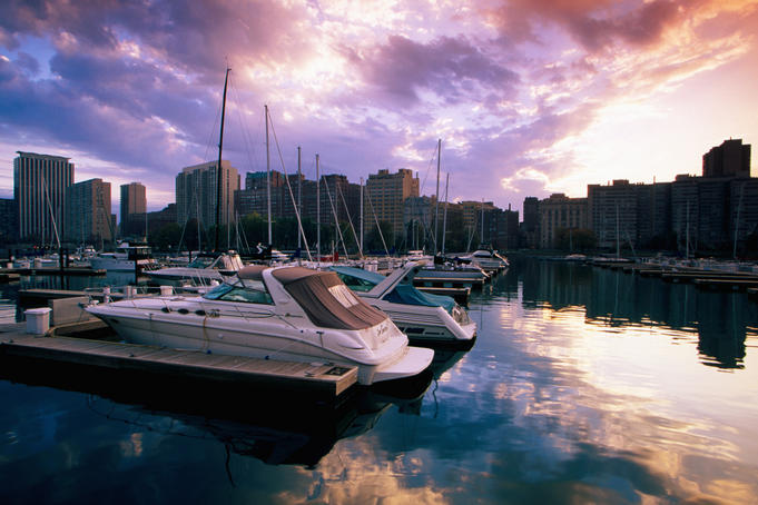 Moored boats at Belmont Harbor and city skyline, Lincoln Park.