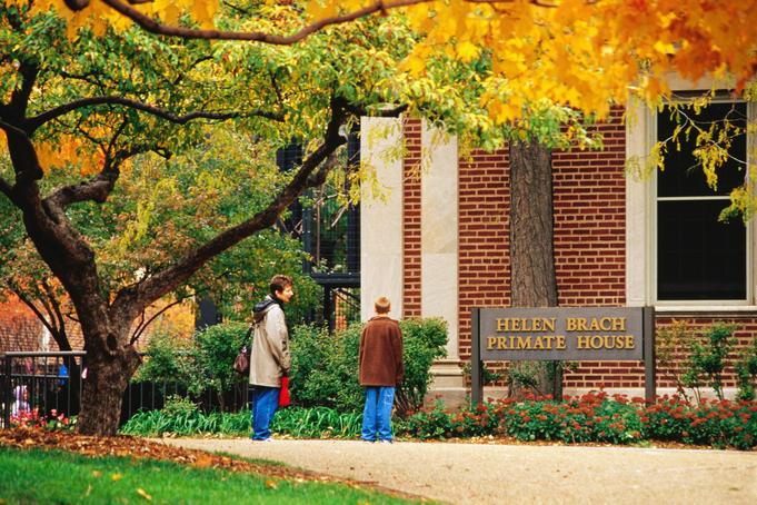 Visitors outside primate house, Lincoln Park Zoo.