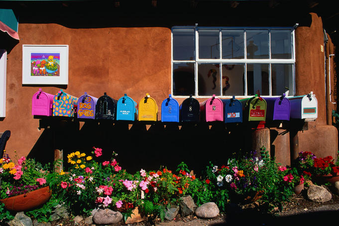 Brightly painted letter-boxes on Canyon Road - Santa Fe, NewMexico