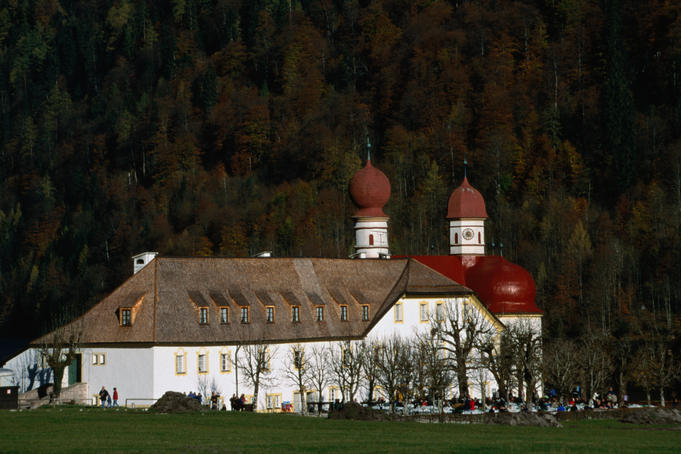 The onion-domed Saint Bartholoma chapel on the shores of Konigssee in the Bavarian Alps.