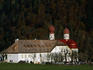 The onion-domed Saint Bartholoma chapel on the shores of Konigssee in the Bavarian Alps.