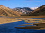 Jokulgil river and rhyolite hills from Landmannalaugar campsite.