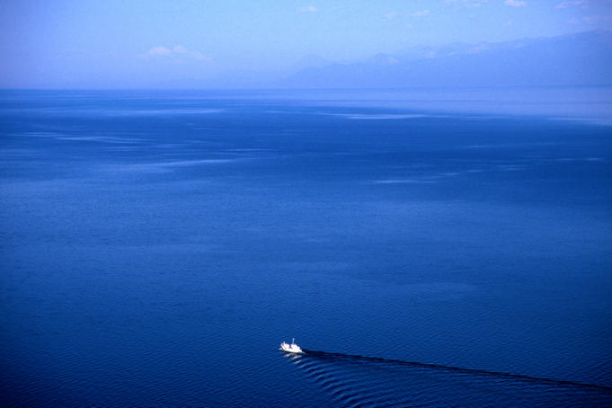 Aerial view of a boat on Lake Baikal.