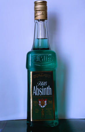A bottle of Hill's absinthe produced in the Bohemian town of Jindrvuc Hradec. It has undertones of fennel and mint with less aniseed than is its French counterparts.