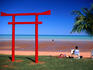 Traditional Japanese Torii gate on the town beach in Broome.