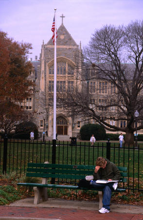 Heavy reading outside the grounds of the historic Georgetown Univerity in Washington DC.