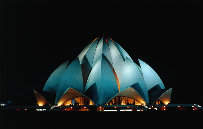 The distinctive lotus-shaped Baha'i House of Worship in New Delhi. The architectural marble marvel was completed in 1986.