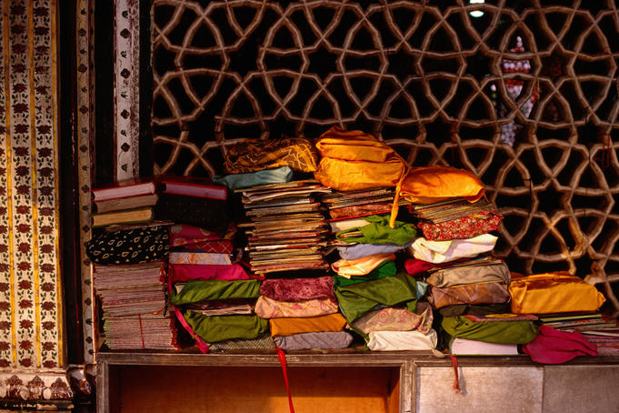 Protected sacred texts at the shrine of Nizam-ud-din Chishti in New Delhi. Chishti was a Muslim Sufi saint who died in 1325.